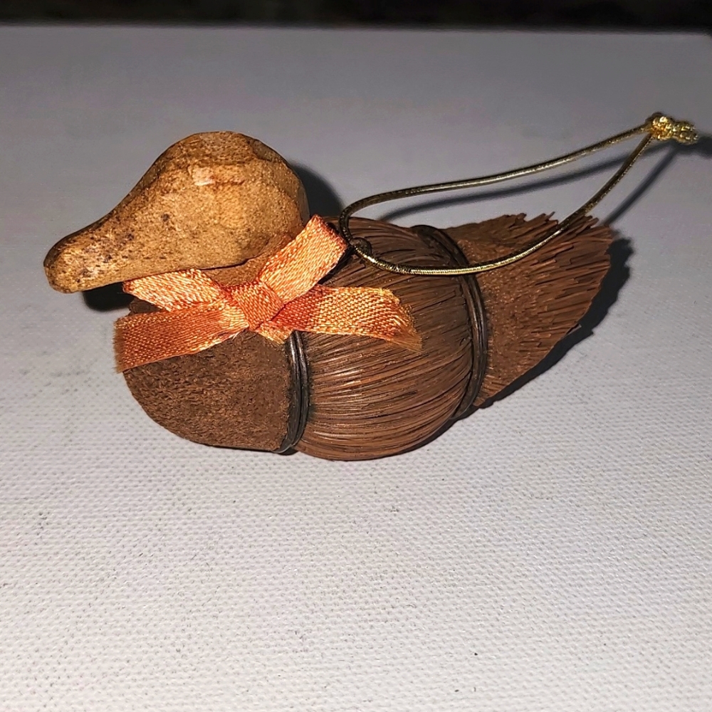 Rare Vintage 1970s Mallard duck decoy wooden, straw handmade ornament
